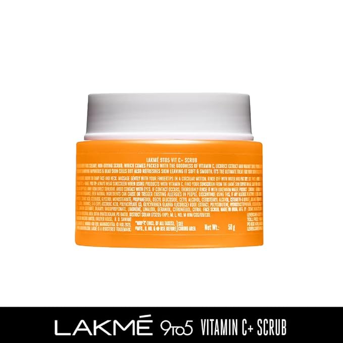 PACK OF 2 Lakme 9to5 Vitamin C+ Scrub| Gentle Exfoliator | Removes dirt & impurities | Contains Licorice Extract & Walnut Shell Powder | Healthy & Glowing Clear Skin |For Dry, Normal, Oily, Sensitive & Combination Skin| 50 g