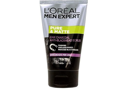 L'Oréal Paris Black Charcoal Face Scrub, Deeply Purifies and Unclogs Pores, Visibly Reduces Blackheads, Men Expert White Activ, 100ml