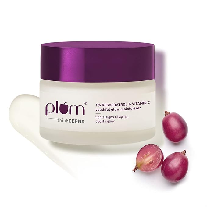 Plum thinkDERMA 1% Resveratrol & Vitamin C Youthful Glow Moisturizer | Fights Signs of Aging | Boosts Glow | All skin-types | Lightweight & Quick-absorbing | 100% Vegan | 50g