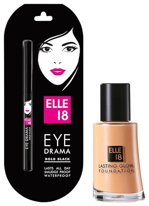 Elle 18 Eye Drama Kajal, Super Black- Smudge-Proof, Waterproof, 0.35 g & Lasting Glow Foundation, 03 Shell, Shell, 27 ml, Matte Finish