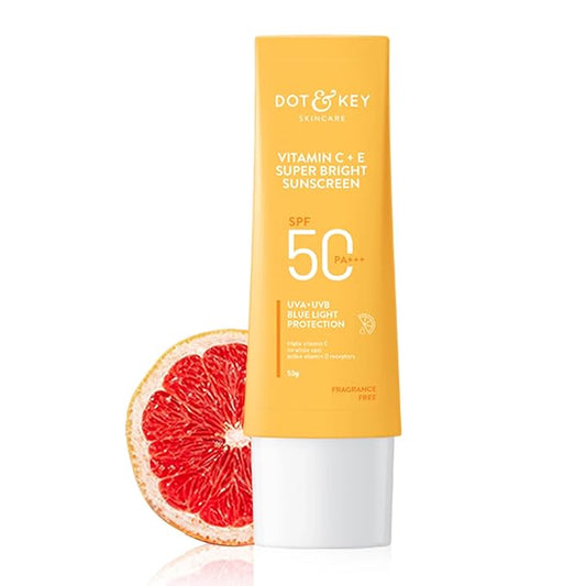 Dot & Key Vitamin C + E Super Bright Sunscreen SPF 50 | Water-Light, UVA/UVB & Blue Light Protection | For Even Toned & Glowing Skin | With Liquid SPF 50+++ | No White Cast, | For All Skin Types | 50g