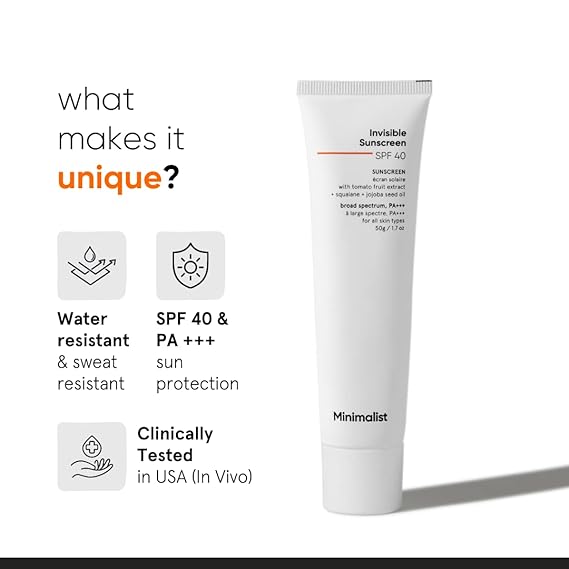 Minimalist SPF 40 Water Resistant Invisible Sunscreen Gel | Ultra Light Gel | Matte Finish | No White Cast | Sweat Resistant | PA+++ | With Tomato Extract, Squalane and Jojoba Seed Oil | For Women & Men | 50 gm