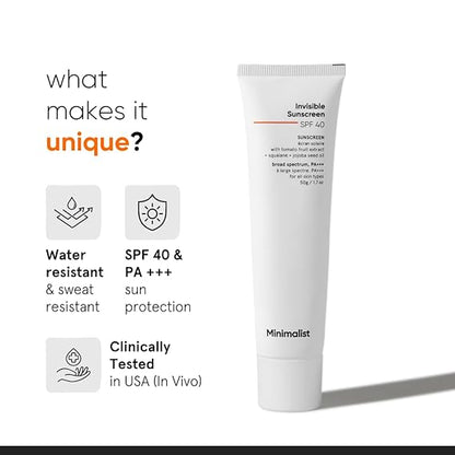 Minimalist SPF 40 Water Resistant Invisible Sunscreen Gel | Ultra Light Gel | Matte Finish | No White Cast | Sweat Resistant | PA+++ | With Tomato Extract, Squalane and Jojoba Seed Oil | For Women & Men | 50 gm