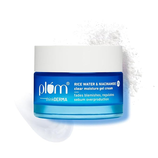 Plum thinkDERMA 2% Niacinamide & Rice Water Clear Moisture Gel Cream | All-Day Non-Greasy Moisturizer | Fades Blemishes & Brightens Skin | with 3% Matmarine™ for Oil Control | Lightweight & Non-sticky | All Skin Types | 100% Vegan | 50g