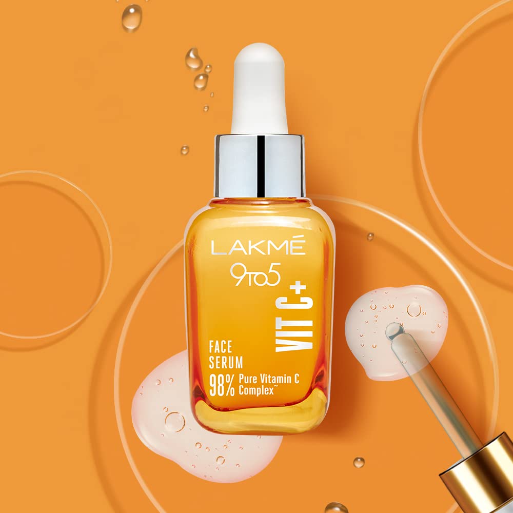 LAKMÉ 9 To 5 Vitamin C+ Face Serum For Glowing Skin With 98% Pure Vitamin C Complex, 30ml Lightweight & Non Greasy Face Serum, Improves Skin Texture & Glow