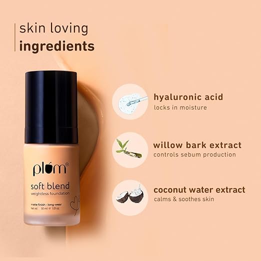 Plum Soft Blend Weightless Foundation | With Hyaluronic Acid | Matte Finish | Super Hydrating | 100% Vegan & Cruelty-Free | Bloom Beige - 117P