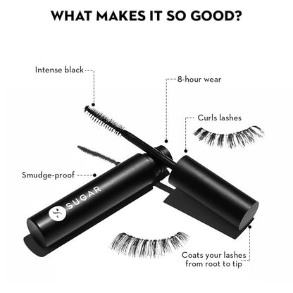 SUGAR Cosmetics - Uptown Curl - Lengthening Mascara - 01 Black Beauty (Black Mascara) - Lightweight and Smudgeproof Mascara, With Lash Growth Formula - Lasts Up to 8 hours