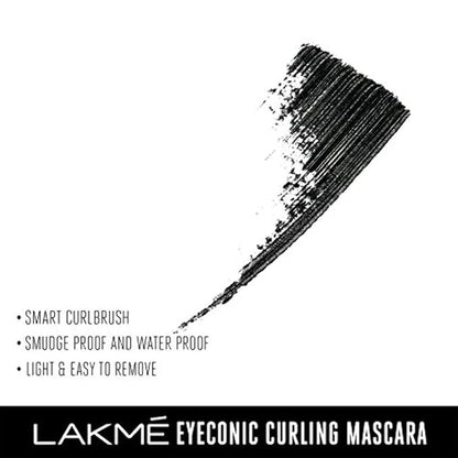 PACK OF 2 Lakme Eyeconic Curling Mascara, Black, Waterproof Mascara with Smart Curl Brush for Voluminous Lashes - Smudge Proof Eye Makeup, 9 ml