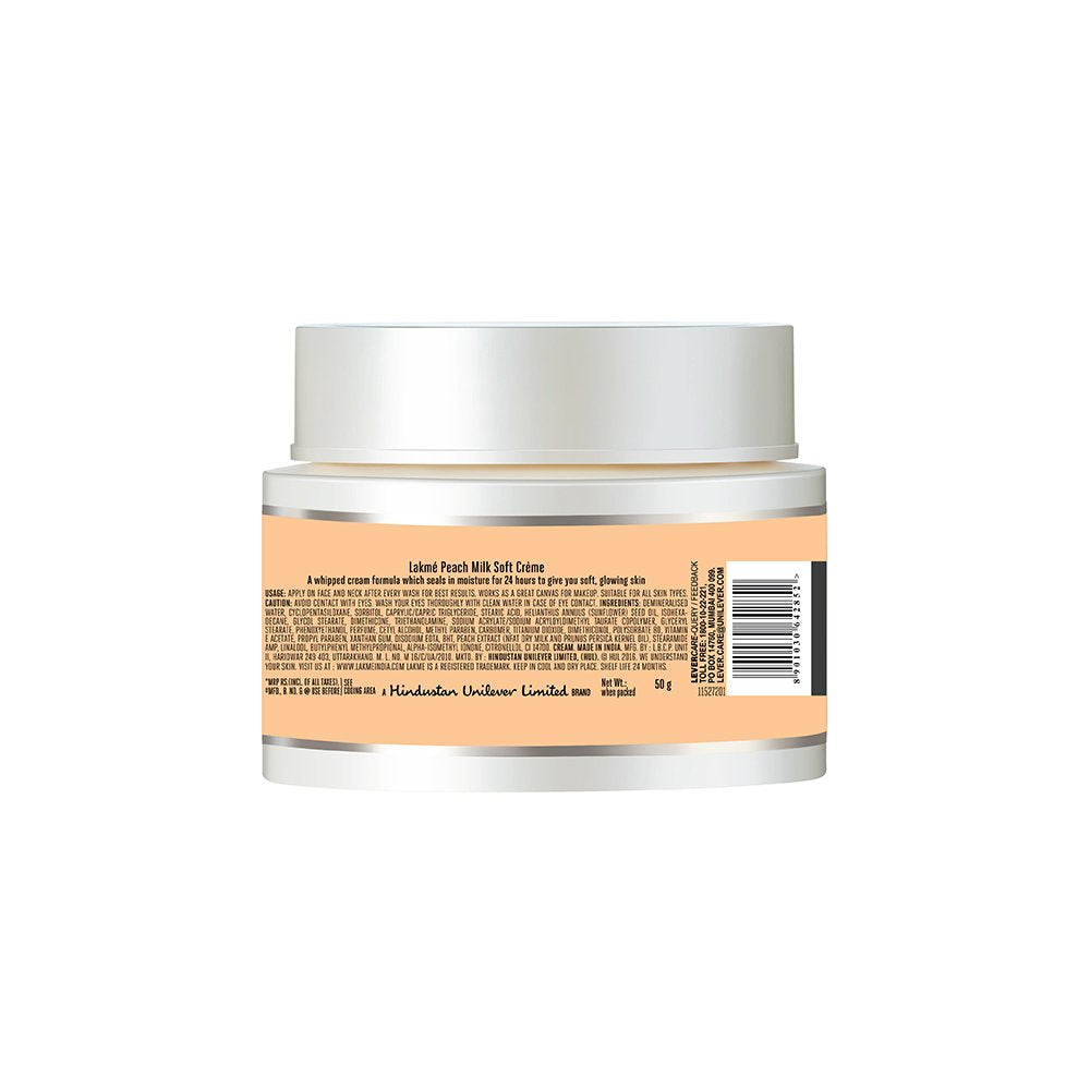 LAKMÉ Peach Milk Soft Creme Moisturizer, Lightweight Face Cream, Non Sticky, Locks Moisture For 24 Hours For Soft And Glowing Skin, 65 g