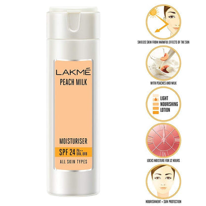 Pack of 2 Lakme Peach Milk Face Moisturizer SPF 24 PA++ 120 ml, Daily Light Sunscreen Lotion with Vitamin C for Glowing Skin - Sun Protection