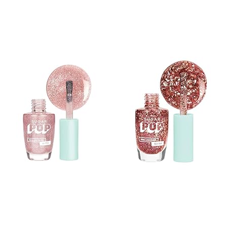 SUGAR POP Nail Lacquers Glitter – 01 Rose Quartz (Pink Glitter) & SUGAR POP Nail Lacquers Glitter – 05 Dazzling Diva (Red Glitter) Combo