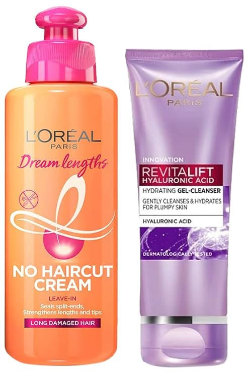 Pack of 2 L'Oreal Paris Dream Lengths No Haircut Cream Leave-In Conditioner, 200ml & L'Oreal Paris Revitalift Hyaluronic Acid Hydrating Gel Cleanser, 100 ml