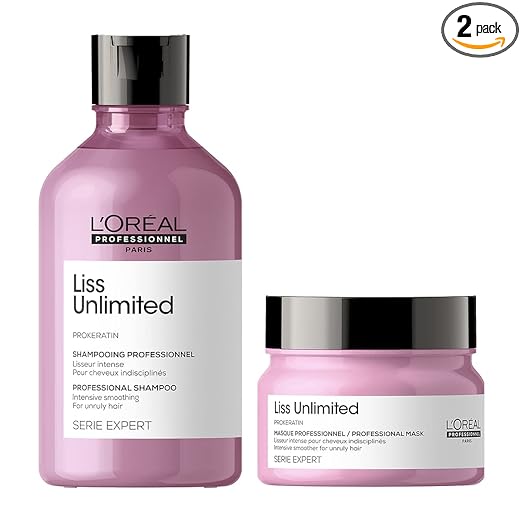 Pack of two L'Oréal Professionnel Liss Unlimited Shampoo With Pro-Keratin AndL'Orã©Al Professionnel Liss Unlimited Hair Mask With Pro-Keratin And Kukui Nut Oil For Rebellious Frizzy Hair, Serie Expert, 250Gm