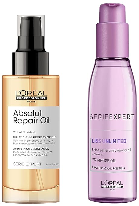 L'Oréal Professionnel Absolut Repair Oil 10-In-1 Multi-Benefit Leave-In Hair Serum, 90Ml & Pack of 2 L'Oréal Professionnel Serie Expert Liss Unlimited Blow Dry Serum 125 Ml, For Frizz-Free Hair