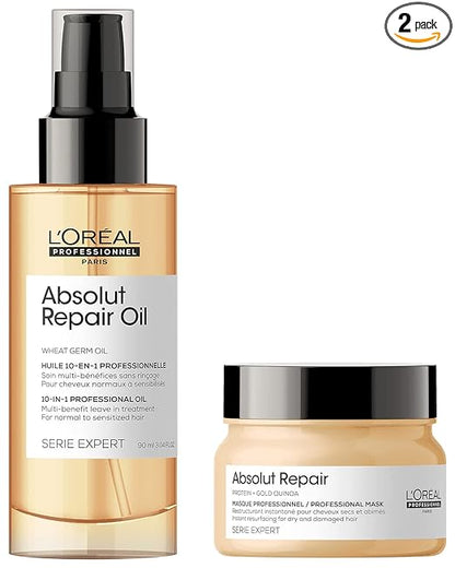 Pack of 2 L'OREAL PROFESSIONNEL PARIS Absolut Repair Oil 10-In-1 Multi-Benefit Leave-In Hair Serum, Serie Expert, 90Ml & Absolut Repair Shampoo For Dry & Damaged Hair, Serie Expert, 300Ml