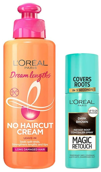 Pack of 2 L'Oreal Paris Dream Lengths No Haircut Cream Leave-In Conditioner For Damaged, Frizzy & Dry Hair, 200ml & Instant Root Concealer Spray, Root Touch-Up, 2 Dark Brown