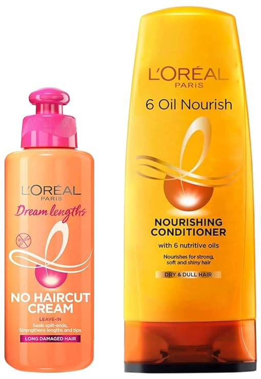 Pack of 2 L'Oreal Paris Dream Lengths No Haircut Cream Leave-In Conditioner, 200ml & L'Oreal Paris 6 Oil Nourish Conditioner, 175ml (With 10% Extra)