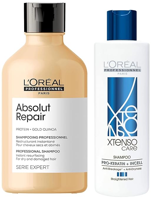 Pack of two L'Oréal Professionnel Absolut Repair Shampoo With Protein And L'Oréal Professionnel Xtenso Care Shampoo For Straightened Hair, 250 ML