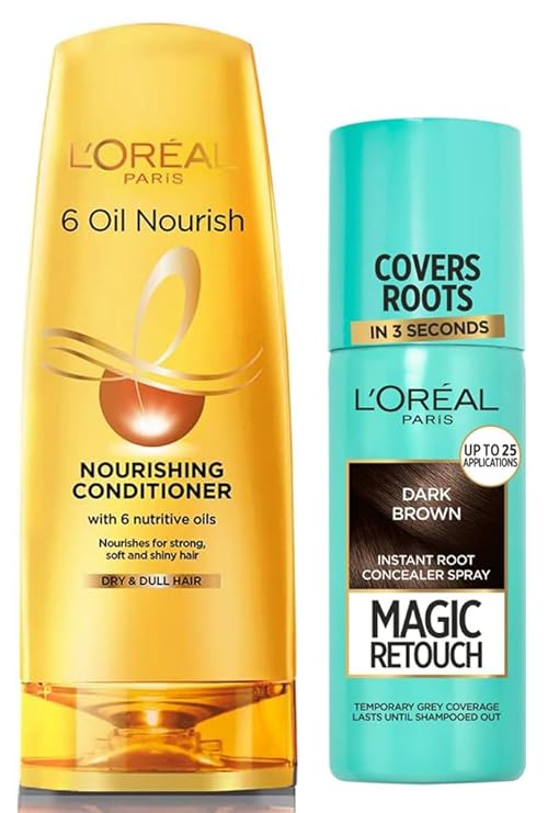 Pack of 2 L'Oreal Paris Instant Root Concealer Spray, Magic Retouch, Root Touch up Dark Brown & L'Oreal Paris 6 Oil Nourish Conditioner, 175ml