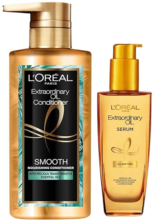 Pack of 2 L'Oreal Paris Extraordinary Oil Smooth Conditioner (Paraben Free) 440 ml| Nourishing Conditioner for Smooth & Straight Frizz-Free hair & L'Oreal Paris Extraordinary Oil Hair Serum, 100 ml