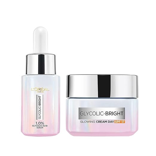 Pack Of 2 L'Oreal Paris Glycolic Bright Skin Brightening Serum, 15ml 1% Glycolic Acid For Dark Spots, Pigmentation & Uneven Skin Tone + Glycolic Bright Glowing Night Cream, 15ml, Regime