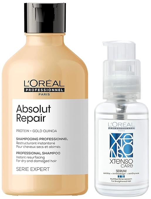 Pack of two L'Oréal Professional Absolut Repair Shampoo With Protein And L'Oréal Professionnel Xtenso Care Serum, 50ml For Straightened Hair