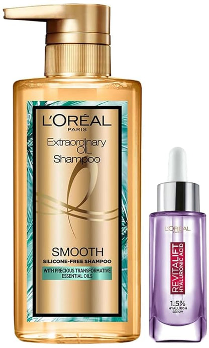 Pack of 2 L'Oreal Paris Extraordinary Oil Smooth Shampoo (Paraben & Silicone Free) 440ml& L'Oreal Paris Revitalift 1.5% Hyaluronic Acid Face Serum, 15 Ml