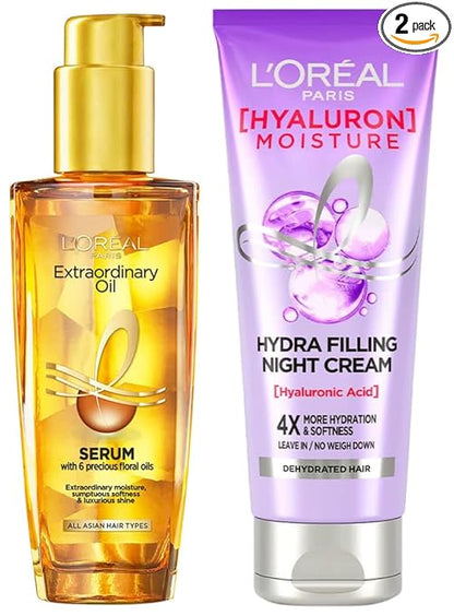 Pack of 2 L'Oreal Paris Extraordinary Oil Hair Serum for Women and Men, 100 ml & L'Oreal Paris Hyaluron Moisture 72H Hydra Filling Night Cream 180ml