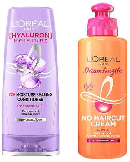 Pack of 2 L'Oreal Paris Dream Lengths No Haircut Cream Leave-In Conditioner, 200ml & L'Oreal Paris Hyaluron Moisture 72H Moisture Sealing Conditioner180ml