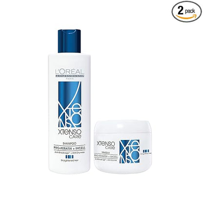 Pack of 2 L'Oréal Professionnel Xtenso Care Shampoo + Masque for Straightened Hair, Smoothens, Nourishes & Strengthens Hair with Pro-Keratin & Incell, 250ml & 196g