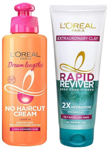 Pack of 2 L'Oreal Paris Dream Lengths No Haircut Cream Leave-In Conditioner, 200ml & L'Oreal Paris Rapid Reviver Extraordinary Clay Deep Conditioner, 180ml