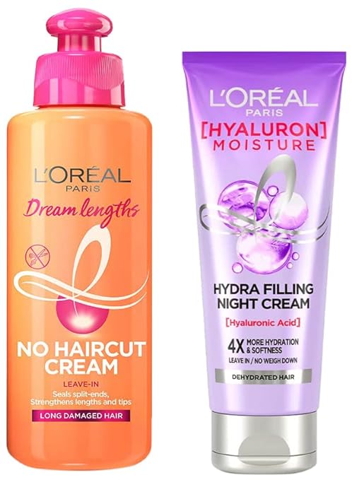 Pack of 2 L'Oreal Paris Dream Lengths No Haircut Cream Leave-In Conditioner, 200ml & L'Oreal Paris Hyaluron Moisture 72H Hydra Filling Night Cream 180ml