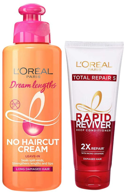 Pack of 2 L'Oreal Paris Dream Lengths No Haircut Cream Leave-In Conditioner, 200ml & L'Oreal Paris Rapid Reviver Total Repair 5 Deep Conditioner, 180ml