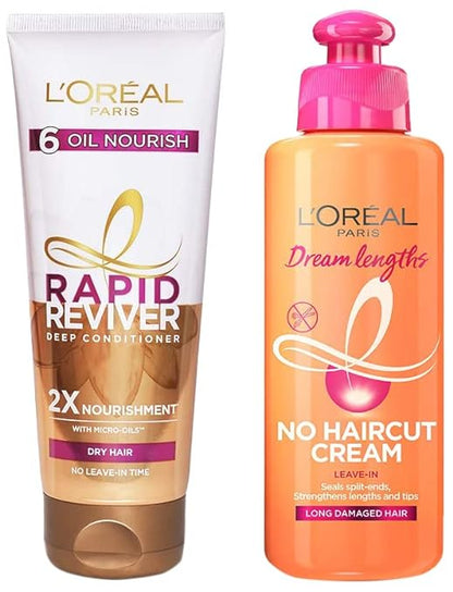 Pack of 2 L'Oreal Paris Dream Lengths No Haircut Cream Leave-In Conditioner, 200ml & L'Oreal Paris Rapid Reviver 6 Oil Nourish Deep Conditioner, 180ml