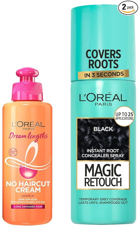 Pack of 2 L'Oreal Paris Instant Root Concealer Spray, Ideal for Touching Up Grey Root Regrowth, Magic Retouch, 1 Black & Dream Lengths No Haircut Cream Leave-In Conditioner, 200ml