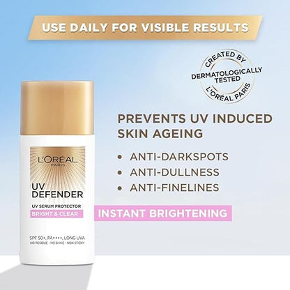 L’Oréal Paris Sunscreen, Non-Greasy, Brightening Sunscreen With Niacinamide, UVA & UVB Protection, With SPF 50 PA+++, Bright & Clear, UV Defender Serum Protector, 50 ml