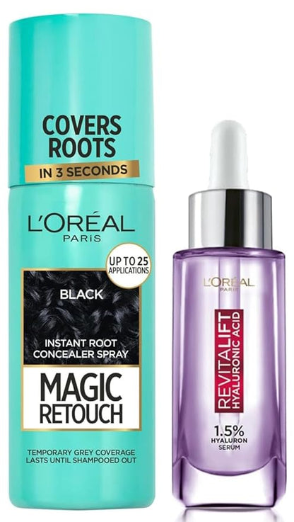 Pack of 2 L'Oreal Paris Instant Root Concealer Spray, Ideal for Touching Up Grey Root Regrowth, Magic Retouch, 1 Black & Revitalift 1.5% Hyaluronic Acid Face Serum, 15 Ml