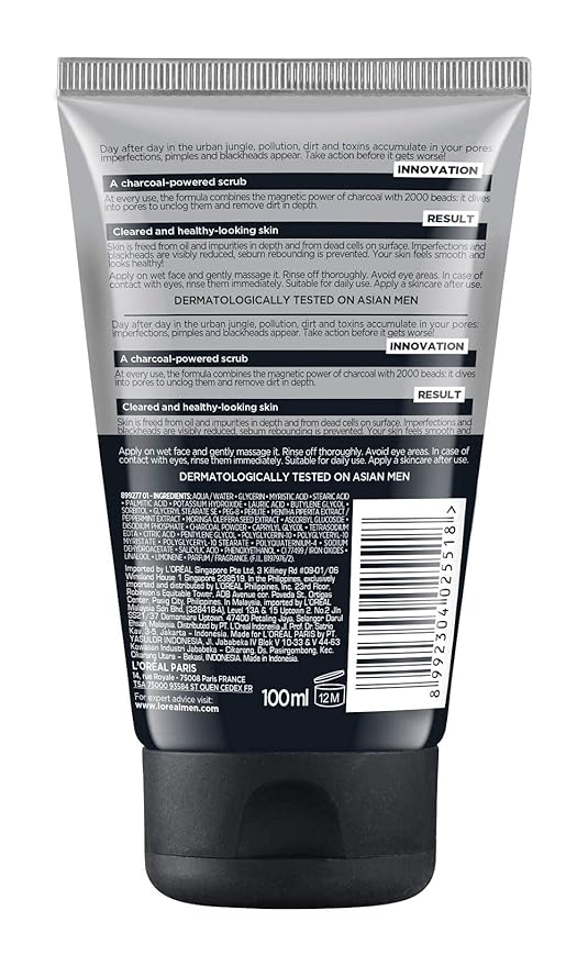 L'Oréal Paris Black Charcoal Face Scrub, Deeply Purifies and Unclogs Pores, Visibly Reduces Blackheads, Men Expert White Activ, 100ml