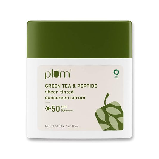 Plum Green Tea & Peptide Sheer-tinted Sunscreen Serum with SPF 50 & PA++++ | Universal Tint | Suits All Skin Tones | Fights Pimples | Prevents Wrinkles | UVA & UVB Protection | No White Cast | 100% Vegan | 100ML