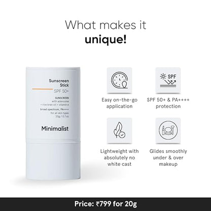 Minimalist SPF 50 Sunscreen Stick with Adenosine, Rice Bran Oil & Vitamin E, Broad spectrum PA++++ | For Women & Men | 20gm