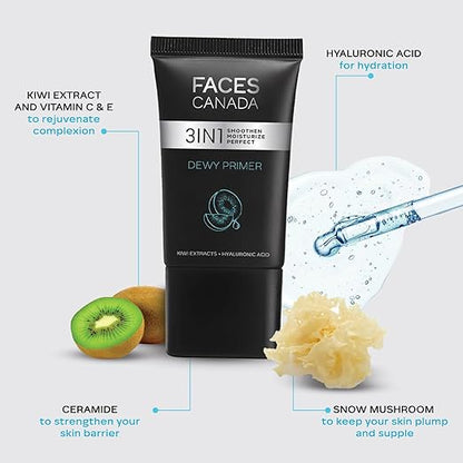 FACES CANADA Dewy Primer, 30g | Blurs Imperfections | Flawless Dewy Base | Lightweight Hydrating Creamy Texture | Smoothens & Moisturizes Skin | Hyaluronic Acid, Vitamin C & E | No Alcohol & Parabens