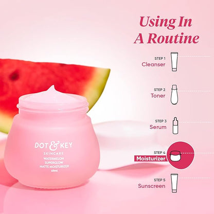 Dot & Key Watermelon Superglow Matte Oil Free Moisturizer for Face with Watermelon Extracts | Lightweight Gel, Controls Excess Oil, Hydrates & Plumps Skin, With Glycolic Acid & Hyaluronic Acid for Oily Skin | 60ml