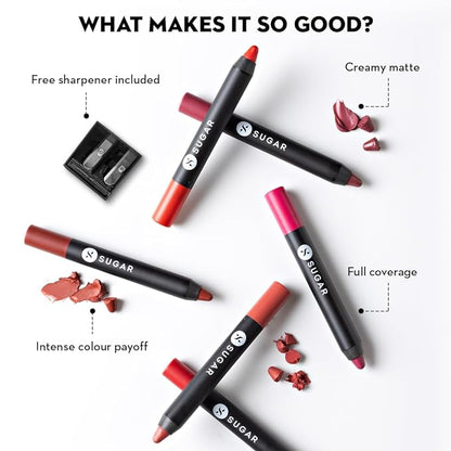 SUGAR Matte as Hell Crayon Lipsticks for Women | Lasts Upto 12hrs | Lip Crayon with Sharpener | 2.8gm - 13 Murphy Brown (Chocolate Burgundy)