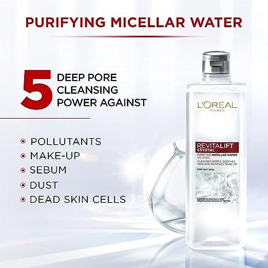 L'Oreal Paris Purifying Micellar Water, Cleanses pores and Removes Makeup, With Oil-Free Technology, Revitalift Crystal, 95ml