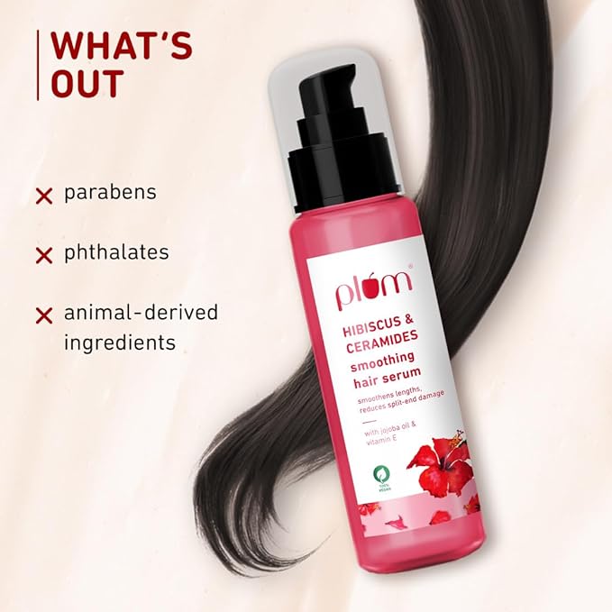 Plum Hibiscus & Ceramides Smoothing Hair Serum|Smoothens, Helps Prevent Split Ends, Nourishes, Controls Frizz| Contains Hibiscus Oil, Ceramides, Vitamin E & Jojoba Oil| Paraben-Free| 100% vegan