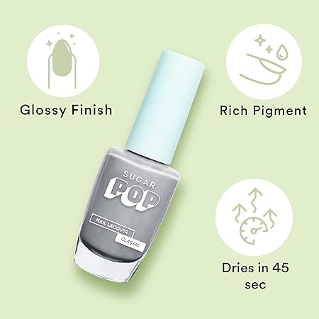 SUGAR POP Nail Lacquer - 20 Silver Crown (Grey) 10 Ml - Dries In 45 Seconds - Quick-Drying, Chip-Resistant, Long-Lasting. Glossy Finish High Shine Nail Enamel/Polish For Women.