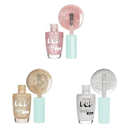 SUGAR POP Nail Lacquers Glitter – 01 Rose Quartz & SUGAR POP Nail Lacquers Glitter – 02 Bling & SUGAR POP Nail Lacquers Glitter – 04 Diamonds & Pearls (Silver Glitter)