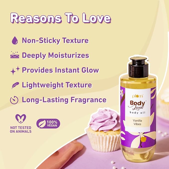 Plum BodyLovin' Vanilla Vibes Body Oil | Intense Moisture & Instant Glow | Long Lasting Warm Vanilla Fragrance | Non-Greasy & Lightweight | Soft & Nourished Skin | For Dry To Very Dry Skin (200 ml)