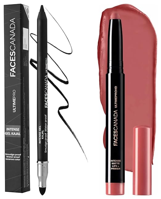 FACES CANADA Ultime Pro HD Intense Matte Lips + Primer - Tea Rose 10, 1.4g | 9HR Long Stay & FACES CANADA Ultime Pro Intense Gel Kajal 3-in-1 Kajal, Eyeliner, Smokey Eyeshadow