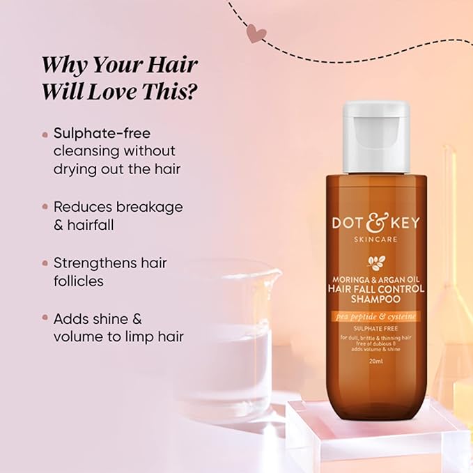 Dot & Key Argan Oil Hairfall Control Shampoo With Moringa & Keratin | Hair Fall Control Shampoo for Dry and Frizzy Hair | Sulphate Free, Paraben Free | Strengthens Hair, Reduces Breakage | For Women & Men | 20ml